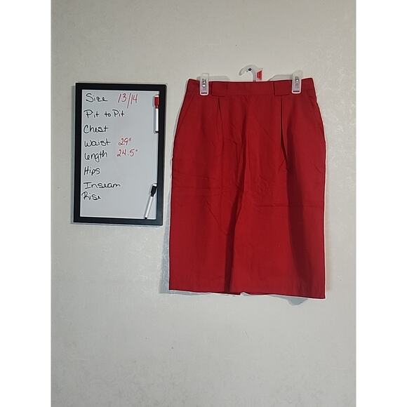 Bentley Womens Red Pencil Skirt Back Slit Pleated Sz 13/14 Button Zip Back - Picture 1 of 7